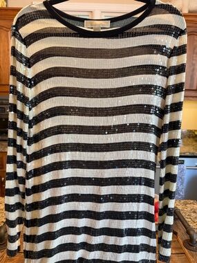 Michael Kors Black and White Sequin Striped Maxi Dress